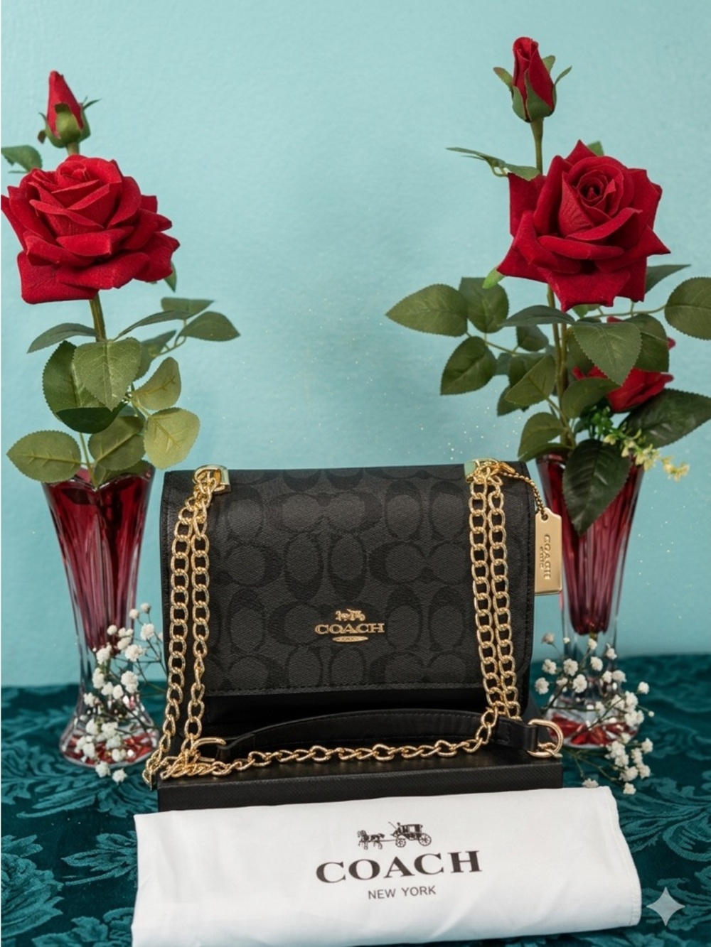 Coach Black Signature Chain Shoulder Bag with Gold Hardware